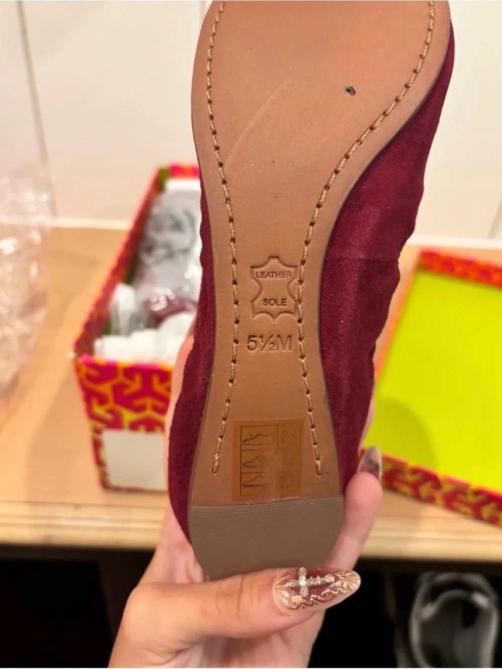 Tory Burch Wine Red Suede Logo Ballet Flats